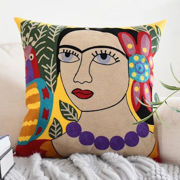 Frida Kahlo Embroidered Yellow Bohemian Pillow Cover 18x18 - Picture 2 of 6